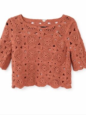 Ultra Pink Women's Crochet Knit Top Terracotta Boho Sz Large